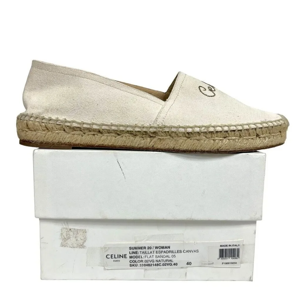 CELINE Embroidered Logo Triomphe Flat Espadrilles Canvas Cream Size 40 US 10